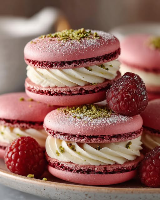 Raspberry Pistachio Parisian Macarons Recipe - Recipe Image