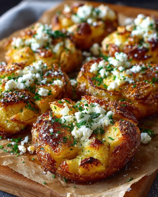 Smashed Crispy Feta Potatoes with Garlic Butter Drizzle Recipe - Recipe Image