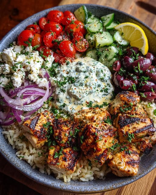 Greek Chicken Souvlaki Bowl with Spicy Lemon Feta Sauce Recipe - Recipe Image