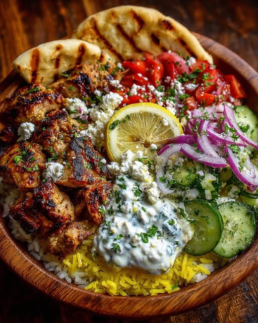 Greek Grilled Chicken Gyro Bowl with Creamy Garlic Feta Recipe - Recipe Image