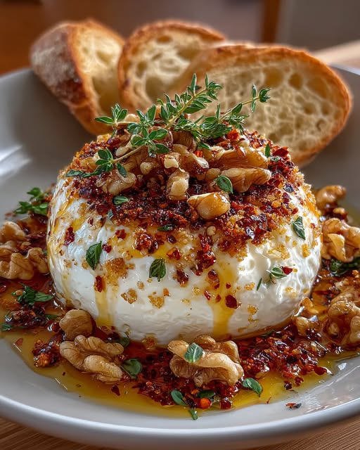 Burrata Bomb with Hot Honey & Toasted Walnut Crunch Recipe
