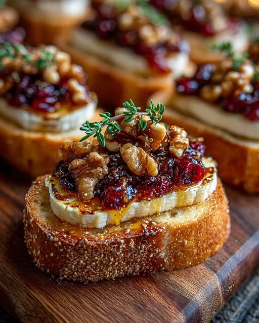 Warm Brie & Cranberry Walnut Crostini with Hot Honey Recipe - Recipe Image