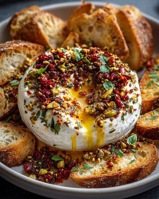Burrata Bomb with Chili Honey & Pistachio Crunch Recipe - Recipe Image