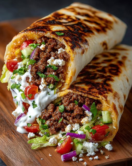 Mediterranean Ground Beef Wrap with Lemon Honey Feta Cream Recipe