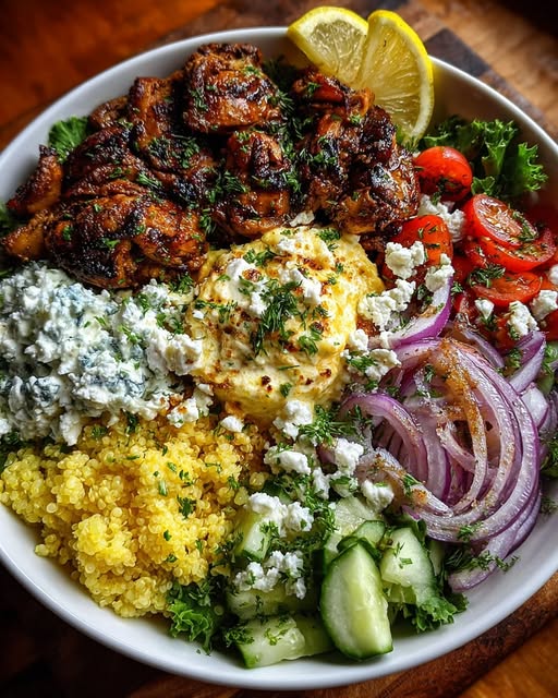 Greek Chicken Gyro Quinoa Bowl with Creamy Garlic Feta Recipe
