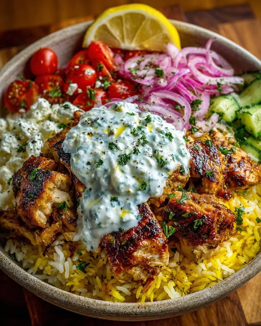 Greek Chicken Gyro Rice Bowl with Creamy Garlic Feta Recipe - Recipe Image