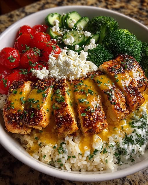 Lemon Dijon Chicken Rice Bowl with Lemon Feta Yogurt Sauce Recipe