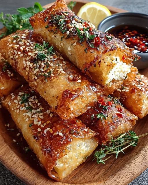 Crispy Feta Rolls with Spicy Honey Drizzle Recipe - Recipe Image