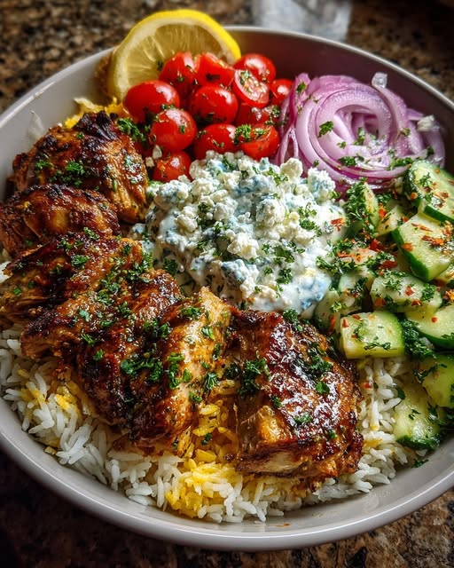 Mediterranean Chicken Gyro Rice Bowl with Lemon Garlic Feta Recipe - Recipe Image