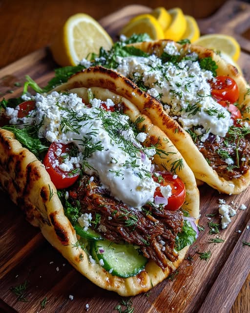 Greek Lemon Beef Pita Wraps with Creamy Dill Feta Sauce Recipe - Recipe Image