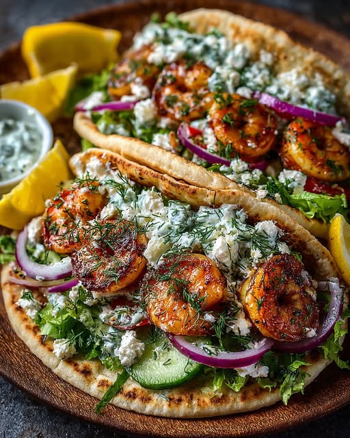 Greek Lemon Shrimp Pita Wraps with Creamy Dill Feta Sauce Recipe