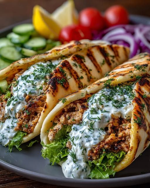 Greek Lemon Turkey Pita Wraps with Creamy Dill Feta Sauce Recipe