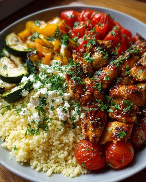 In a large bowl or serving platter, spread the couscous as the base Recipe