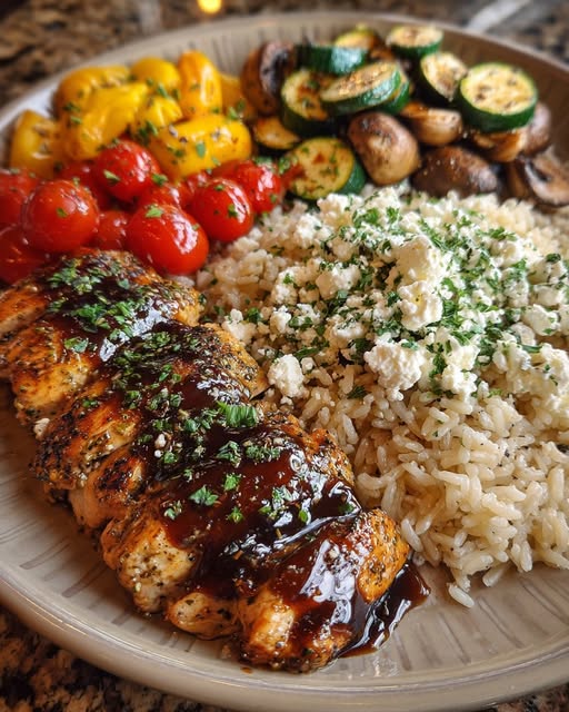 Balsamic Chicken Rice with Roasted Veggies & Feta Recipe - Recipe Image