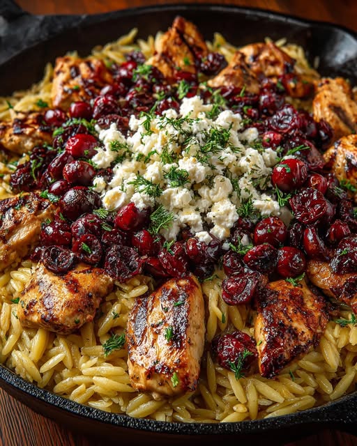 Spoon the roasted cranberries over the chicken and orzo skillet Recipe - Recipe Image