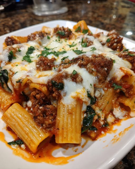 Creamy Rigatoni with Ground Beef, Italian Sausage & Spinach Recipe - Recipe Image