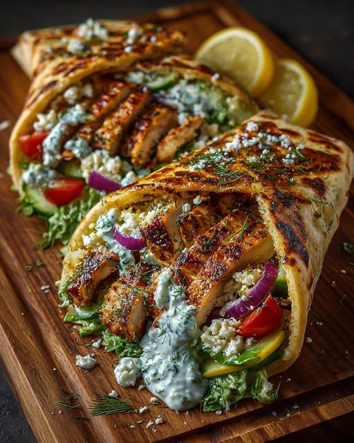 Greek Lemon Chicken Pita Wraps with Creamy Dill Feta Sauce Recipe - Recipe Image