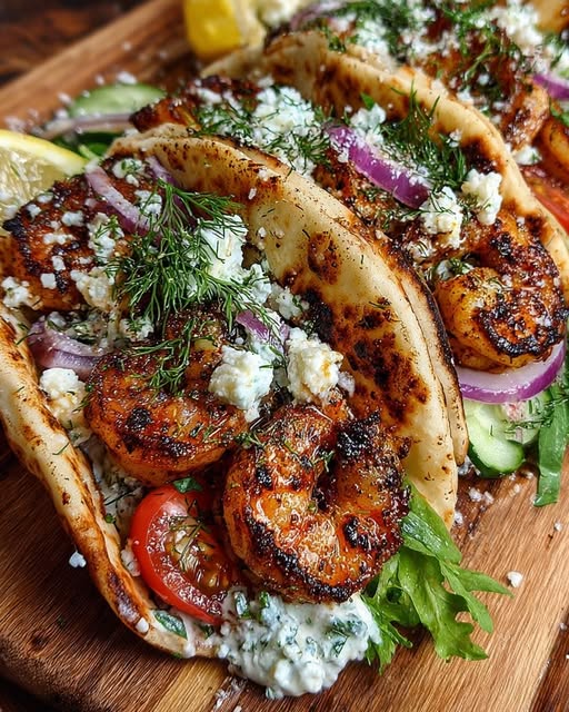Greek Lemon Shrimp Pita Wraps with Dill Garlic Feta Sauce Recipe - Recipe Image