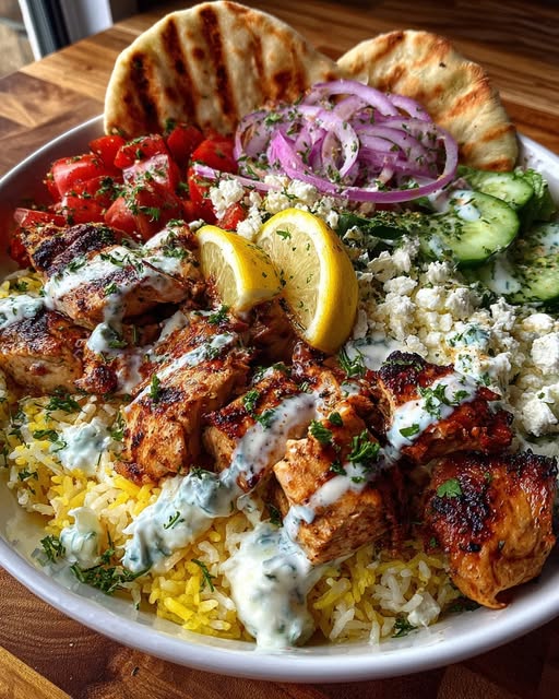 Greek Chicken Souvlaki Bowls with Spicy Lemon Feta Sauce Recipe - Recipe Image