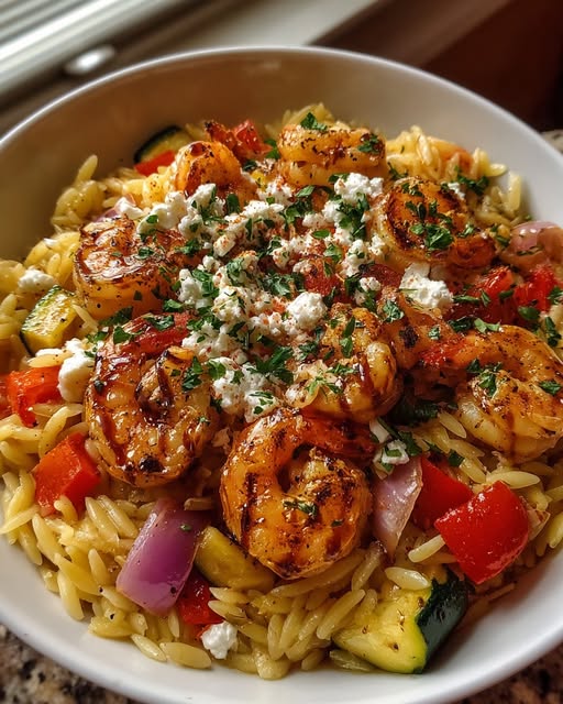 Balsamic Shrimp Orzo with Roasted Veggies & Whipped Feta Recipe - Recipe Image