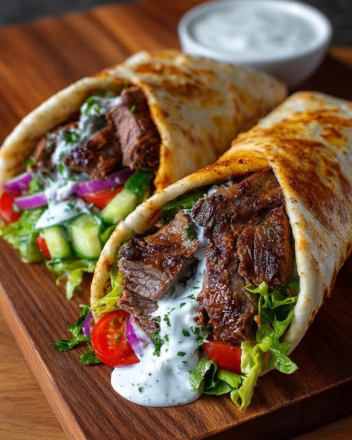 Greek Grilled Beef Gyro Wraps with Garlic Yogurt Sauce Recipe - Recipe Image