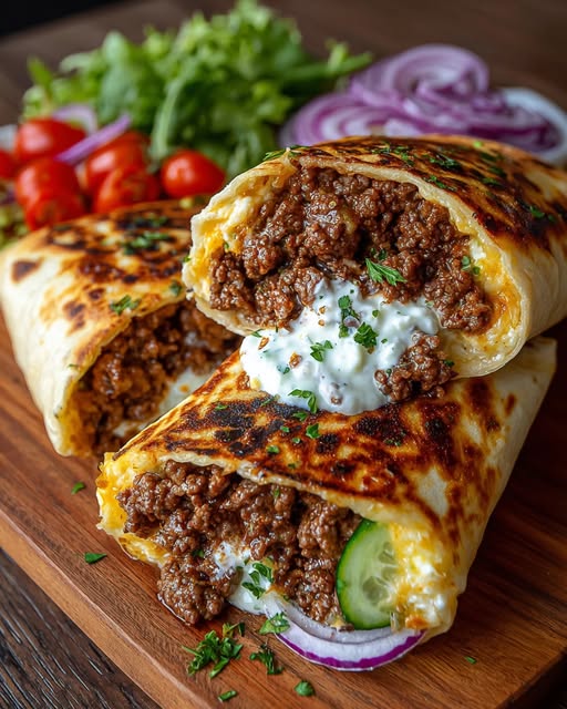 Mediterranean Ground Beef Wrap with Hot Honey Feta Cream Recipe - Recipe Image