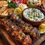 Greek Grilled Chicken Souvlaki Mezze Board with Feta Dip Recipe