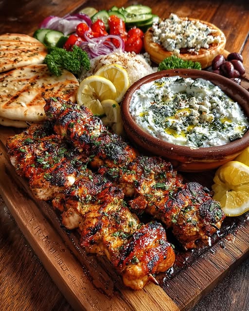 Greek Grilled Chicken Souvlaki Mezze Board with Feta Dip Recipe