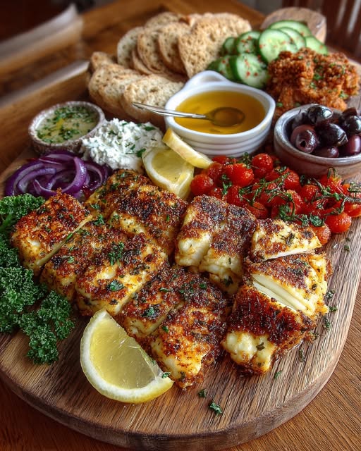Rustic Mediterranean Bread & Herb Halloumi Platter Recipe - Recipe Image