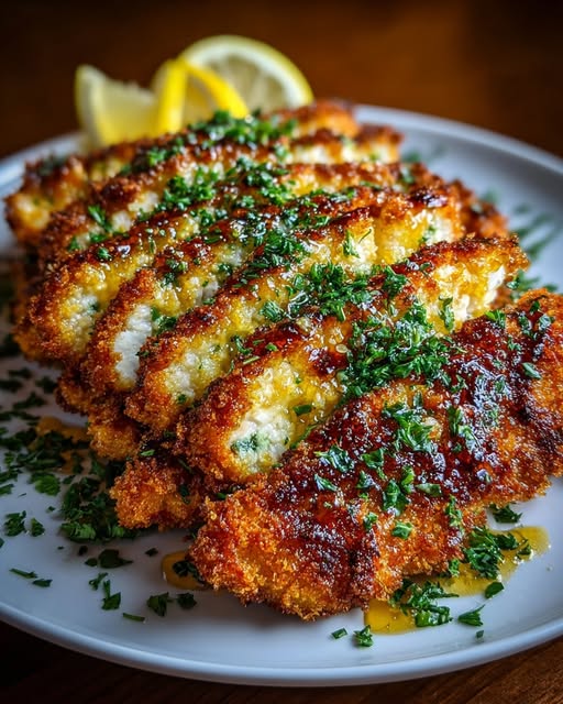 Crispy Hot Honey Lemon Feta Chicken Cutlets with Herb Crust Recipe - Recipe Image
