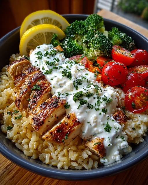 n Rice Bowl with Lemon Feta Yogurt Sauce Recipe