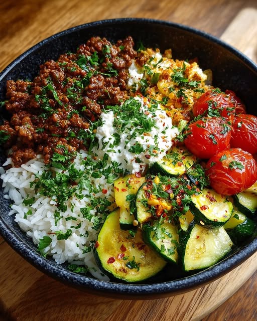 Greek-Style Beef and Zucchini Rice Bowl Recipe - Recipe Image
