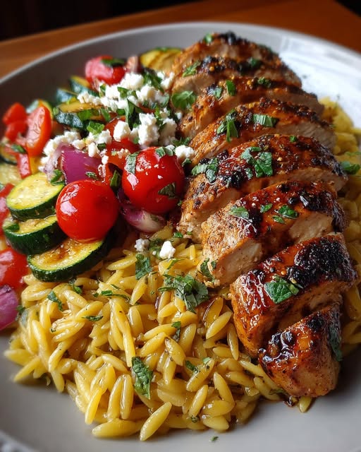 Balsamic Chicken Orzo with Roasted Veggies & Goat Cheese Recipe
