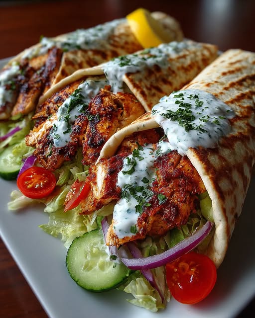 yro Wraps with Spicy Garlic Yogurt Sauce Recipe - Recipe Image