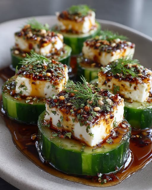 Greek Feta & Cucumber Bites with Hot Honey Drizzle Recipe - Recipe Image