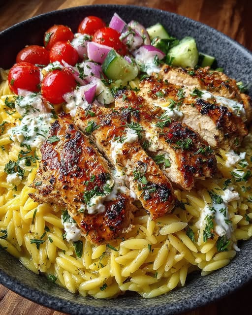 Lemon Dijon Chicken Orzo Bowl with Garlic Feta Yogurt Sauce Recipe