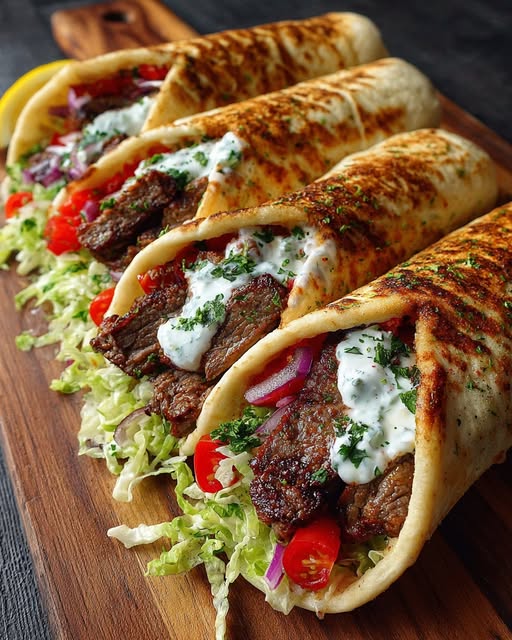 Greek Grilled Beef Gyro Wraps with Garlic Yogurt Sauce Recipe - Recipe Image