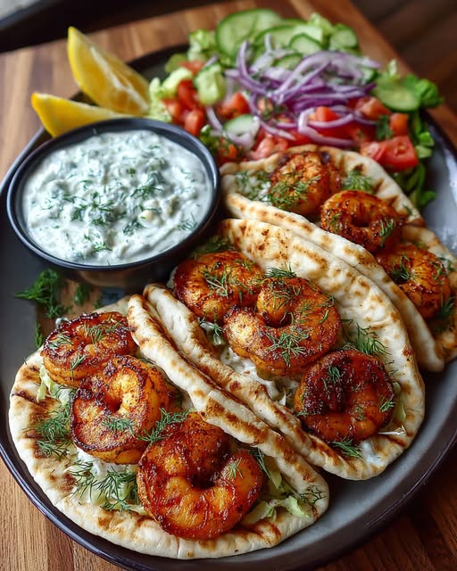 Greek Shrimp Pita Wraps with Garlic Yogurt Sauce Recipe - Recipe Image