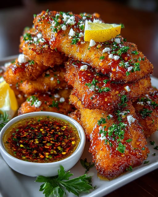 Spicy Crispy Hot Honey Lemon Feta Chicken Tenders Recipe - Recipe Image