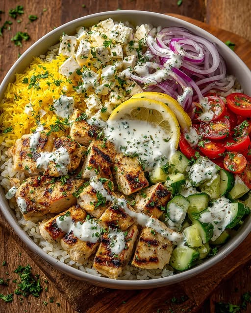 Lemon Dijon Chicken Rice Bowl with Lemon Feta Yogurt Sauce Recipe - Recipe Image