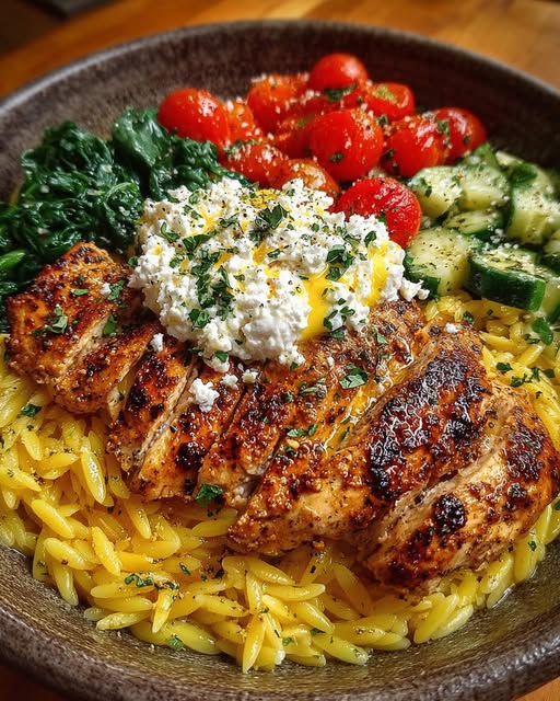 Lemon Dijon Chicken Orzo Bowl with Garlic Whipped Feta Recipe