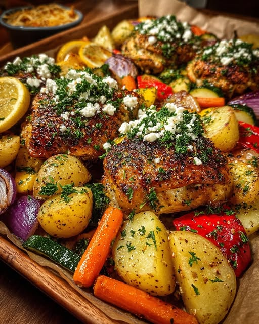 Sheet-Pan Lemon Chicken with Roasted Vegetables & Feta Recipe - Recipe Image