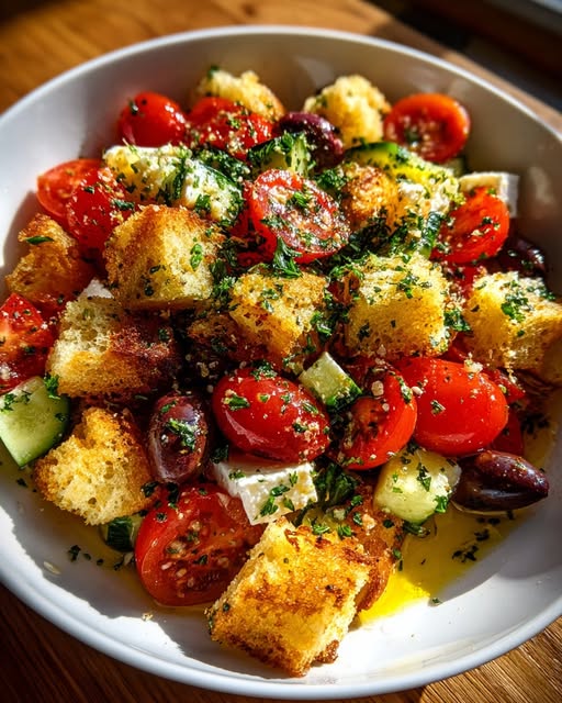 Feta, Tomato & Olive Salad with Garlicky Croutons Recipe