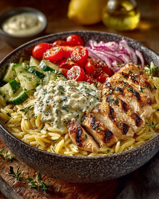 Lemon Dijon Chicken Orzo Bowl with Creamy Whipped Feta Recipe