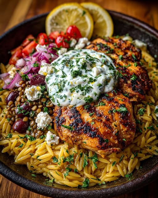 Feta Yogurt Sauce & Olive Mix & Lentils Recipe