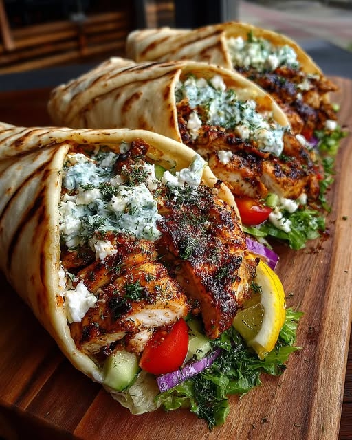 Greek Lemon Chicken Pita Wraps with Dill Garlic Feta Sauce Recipe