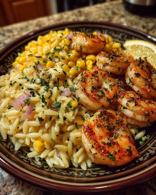 Grilled Lemon-Thyme Shrimp & Roasted Corn Orzo Recipe