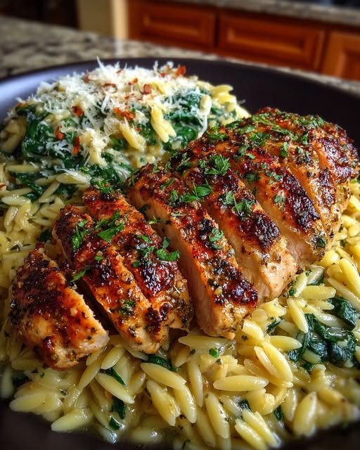 Grilled Lemon Herb Chicken Orzo with Spinach Recipe