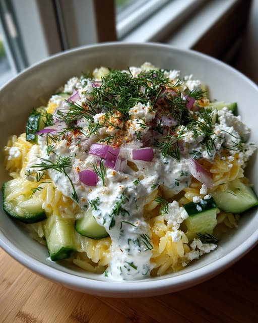 Dill Cucumber Orzo with Tzatziki Drizzle Recipe - Recipe Image