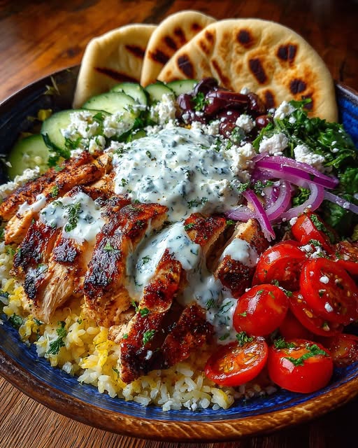 Mediterranean Chicken Pita Bowl with Spicy Yogurt Sauce Recipe - Recipe Image